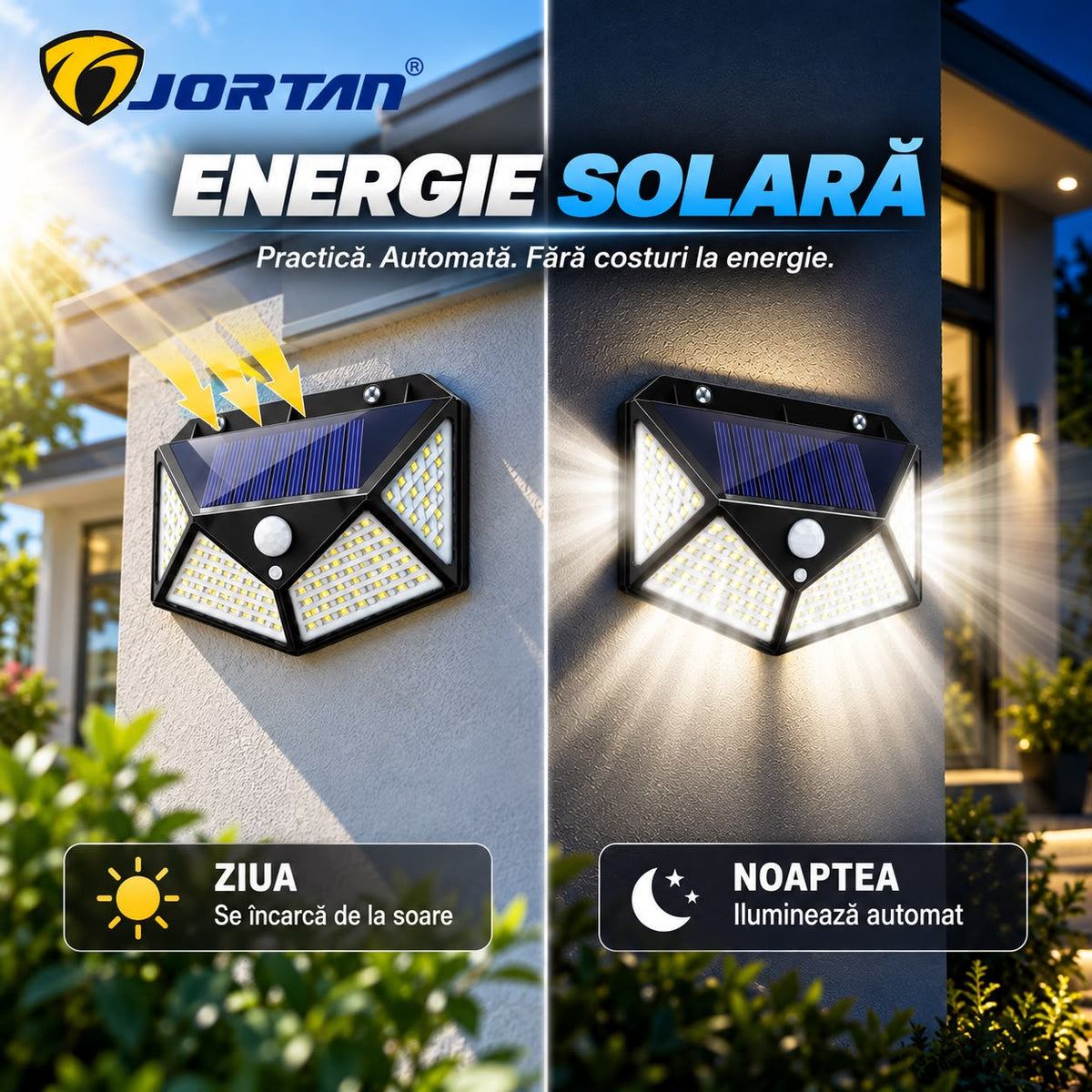Lampa Solara de Perete JORTAN, 100 LED-uri, Iluminare Multidirectionala, Senzor de Miscare, Panou Solar Integrat, 3 Moduri de Iluminare, Protectie IP66, Aprindere Automata, Montaj Rapid, Curte, Gradina, Alee, Garaj