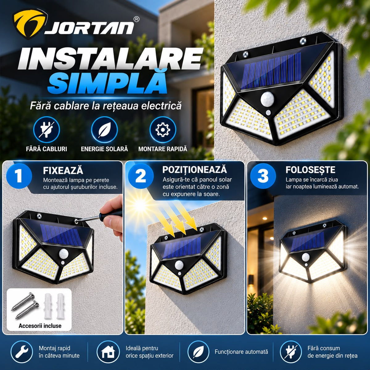 Lampa Solara de Perete JORTAN, 100 LED-uri, Iluminare Multidirectionala, Senzor de Miscare, Panou Solar Integrat, 3 Moduri de Iluminare, Protectie IP66, Aprindere Automata, Montaj Rapid, Curte, Gradina, Alee, Garaj
