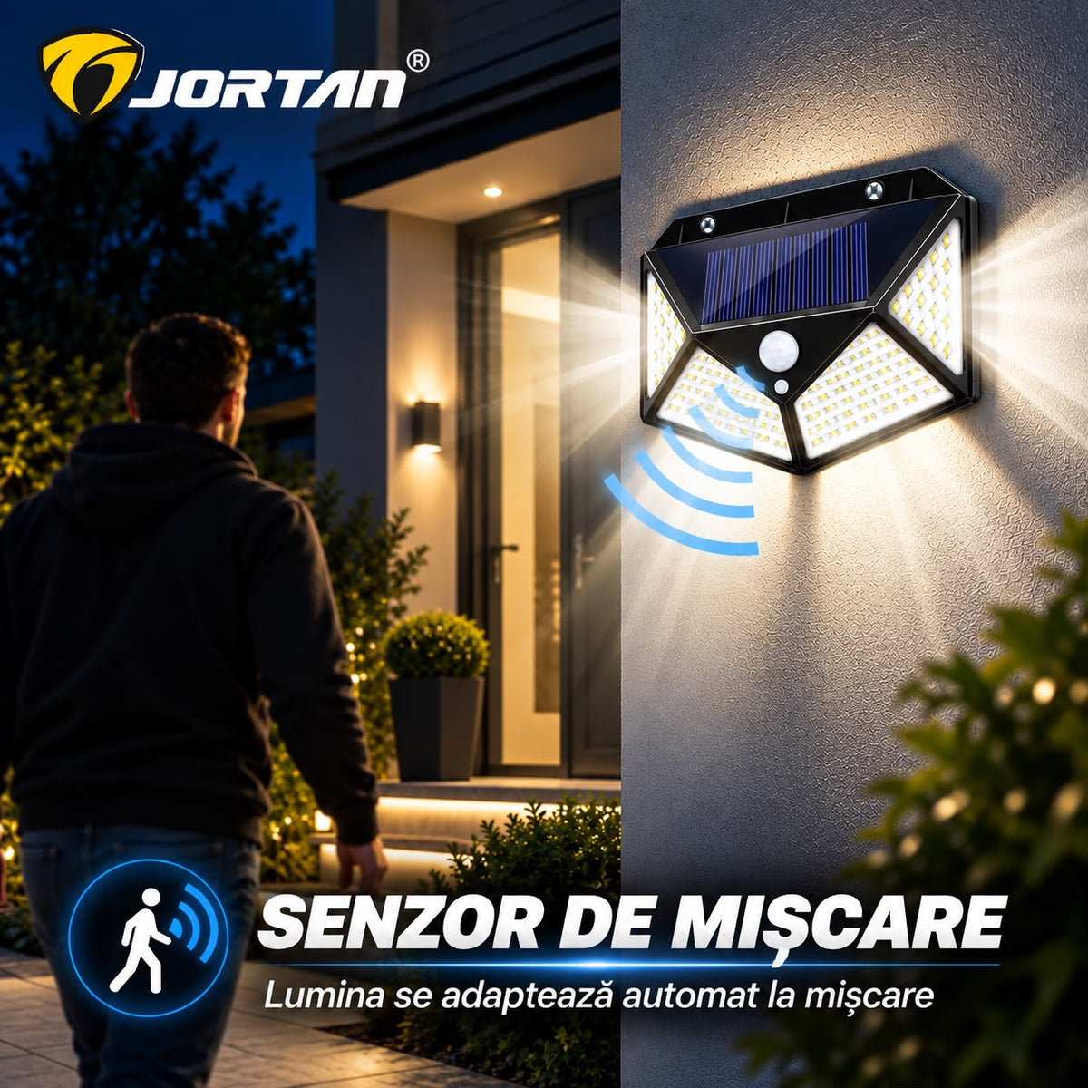Lampa Solara de Perete JORTAN, 100 LED-uri, Iluminare Multidirectionala, Senzor de Miscare, Panou Solar Integrat, 3 Moduri de Iluminare, Protectie IP66, Aprindere Automata, Montaj Rapid, Curte, Gradina, Alee, Garaj