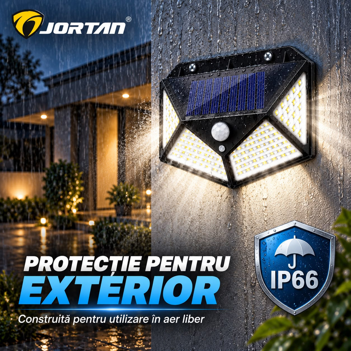 Lampa Solara de Perete JORTAN, 100 LED-uri, Iluminare Multidirectionala, Senzor de Miscare, Panou Solar Integrat, 3 Moduri de Iluminare, Protectie IP66, Aprindere Automata, Montaj Rapid, Curte, Gradina, Alee, Garaj