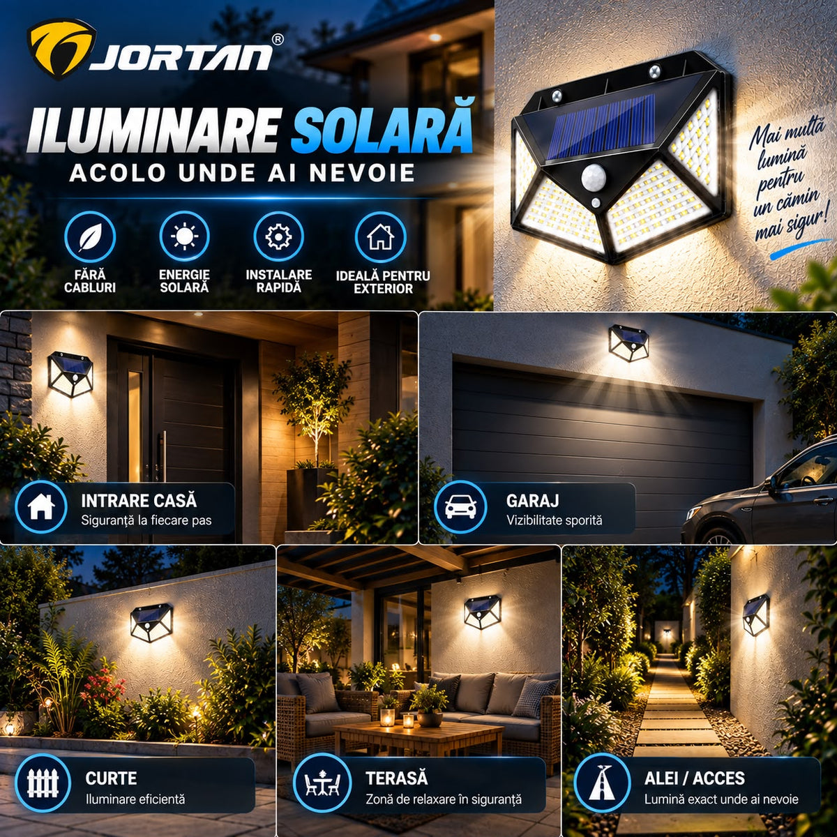 Lampa Solara de Perete JORTAN, 100 LED-uri, Iluminare Multidirectionala, Senzor de Miscare, Panou Solar Integrat, 3 Moduri de Iluminare, Protectie IP66, Aprindere Automata, Montaj Rapid, Curte, Gradina, Alee, Garaj