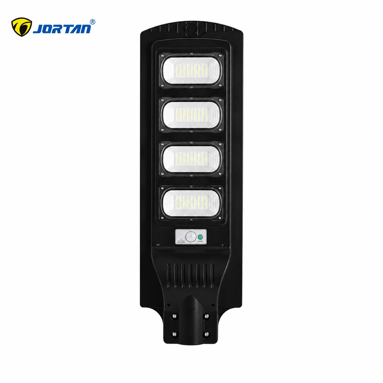Lampa Solara Stradala 240W JORTAN cu 4 cadrane LED, Panou Solar 3.2V, Baterie 24.000 mAh, Telecomanda Wireless, Senzor Lumina, Autonomie pana la 24h, Protectie IP65