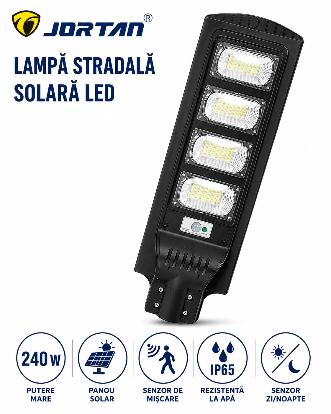 Lampa Solara Stradala 240W JORTAN cu 4 cadrane LED, Panou Solar 3.2V, Baterie 24.000 mAh, Telecomanda Wireless, Senzor Lumina, Autonomie pana la 24h, Protectie IP65
