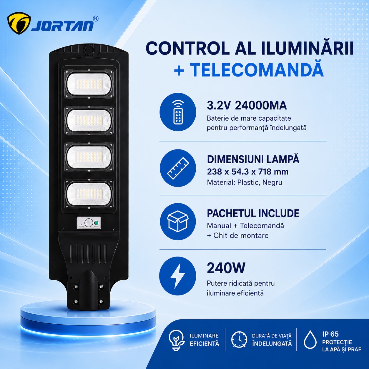Lampa Solara Stradala 240W JORTAN cu 4 cadrane LED, Panou Solar 3.2V, Baterie 24.000 mAh, Telecomanda Wireless, Senzor Lumina, Autonomie pana la 24h, Protectie IP65
