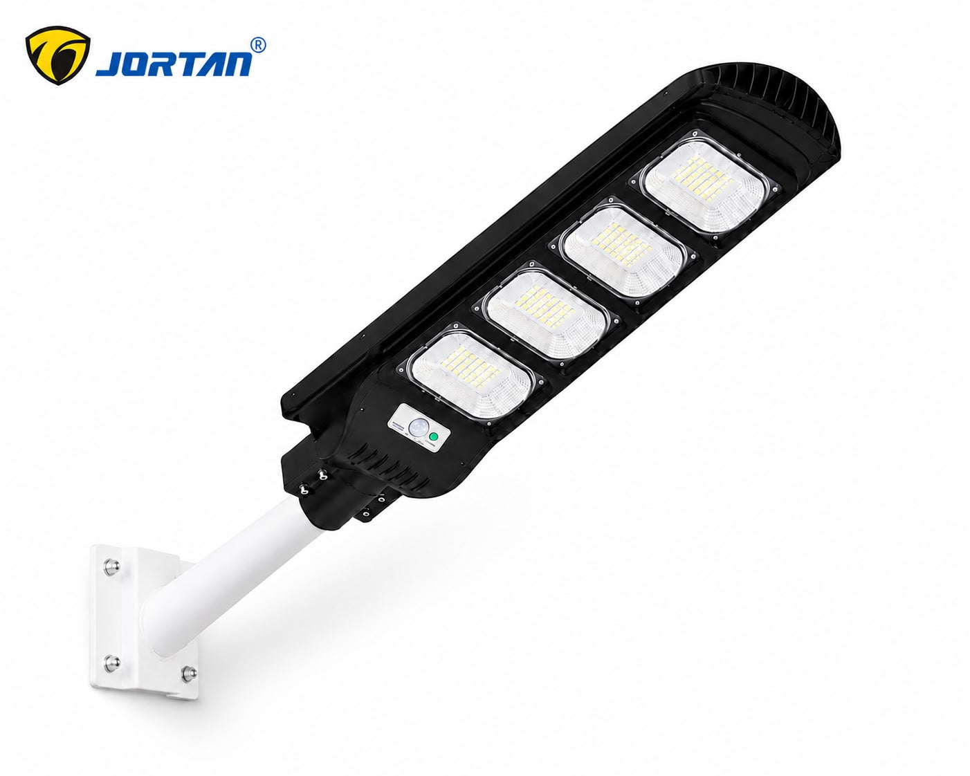 Lampa Solara Stradala 240W JORTAN cu 4 cadrane LED, Panou Solar 3.2V, Baterie 24.000 mAh, Telecomanda Wireless, Senzor Lumina, Autonomie pana la 24h, Protectie IP65