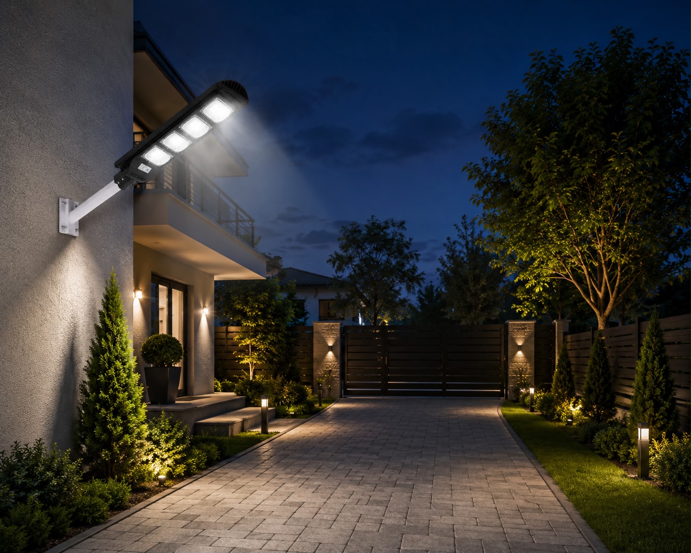 Lampa Solara Stradala 240W JORTAN cu 4 cadrane LED, Panou Solar 3.2V, Baterie 24.000 mAh, Telecomanda Wireless, Senzor Lumina, Autonomie pana la 24h, Protectie IP65