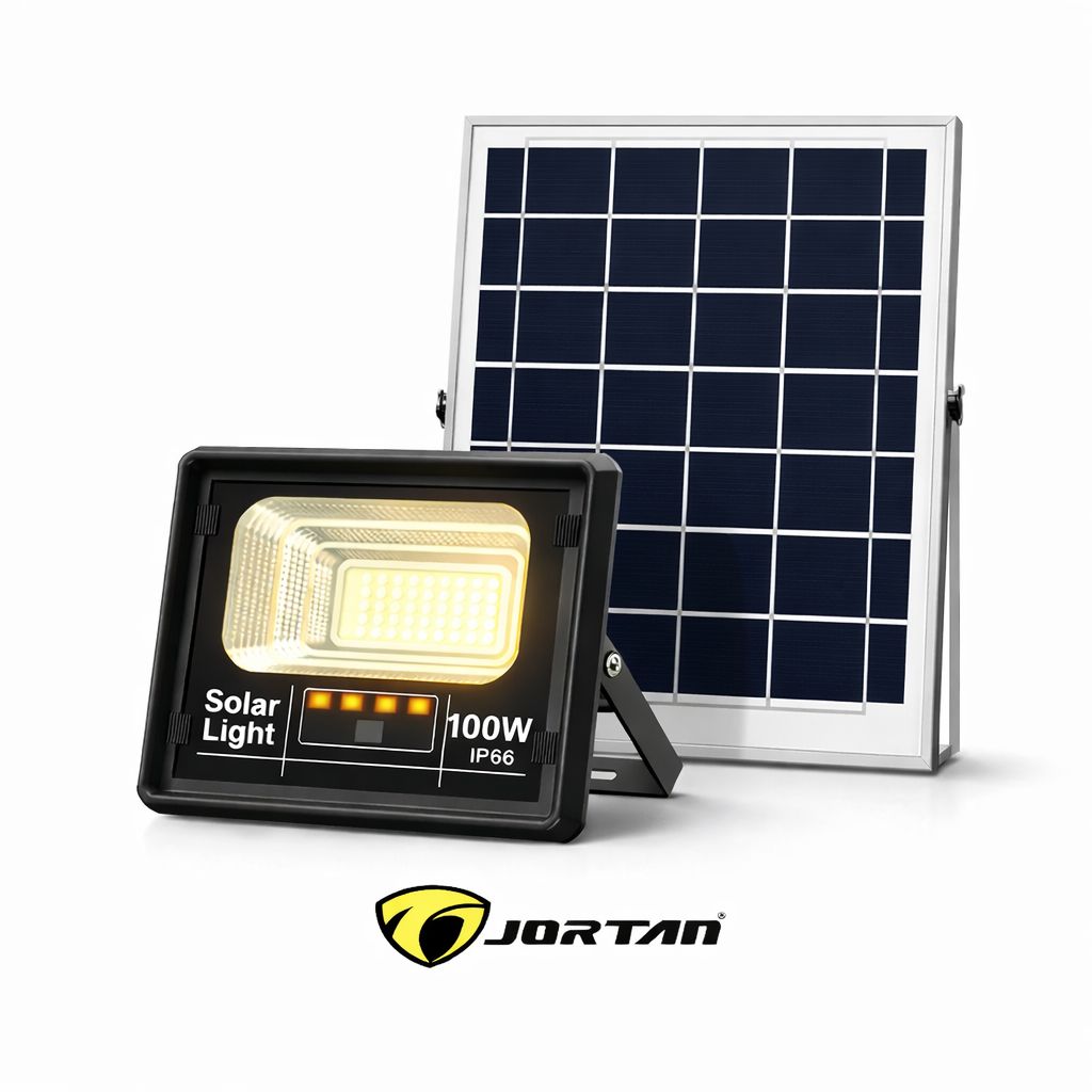 Proiector Solar LED JORTAN Exterior 100W, Panou Solar Extern, Telecomandă, Lumină Alb Rece, IP66 Rezistent la Apă și Praf, pentru Curte, Alee, Garaj și Parcare