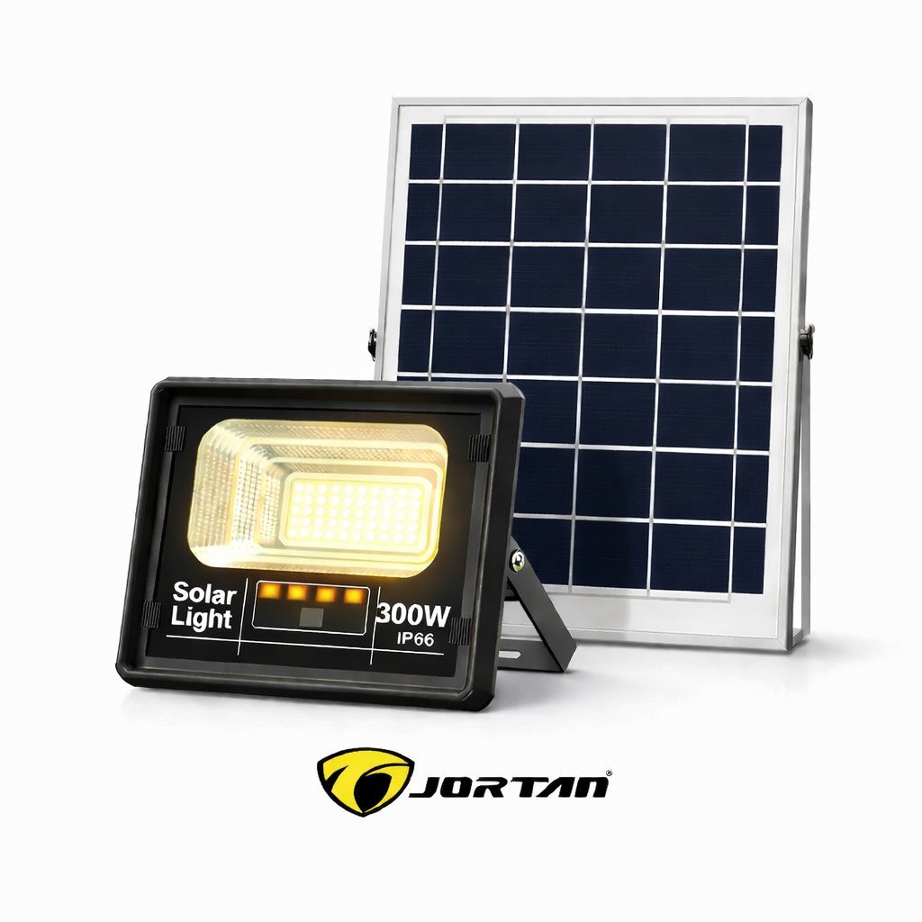Proiector Solar LED JORTAN Exterior 300W, cu Panou Solar Extern, Telecomandă, Lumină Alb Rece, IP66 Rezistent la Apă și Praf, pentru Curte, Alee, Garaj și Parcare