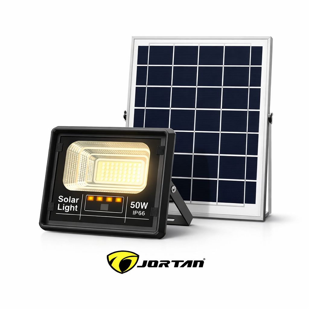 Proiector Solar LED JORTAN Exterior 50W, cu Panou Solar Extern, Telecomanda, Lumina Alb Rece, IP66 Rezistent la Apa și Praf, pentru Curte, Alee, Garaj și Parcare