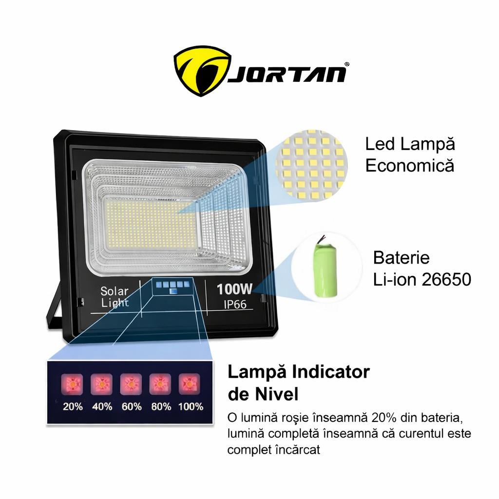 Proiector Solar LED JORTAN Exterior 100W, Panou Solar Extern, Telecomandă, Lumină Alb Rece, IP66 Rezistent la Apă și Praf, pentru Curte, Alee, Garaj și Parcare