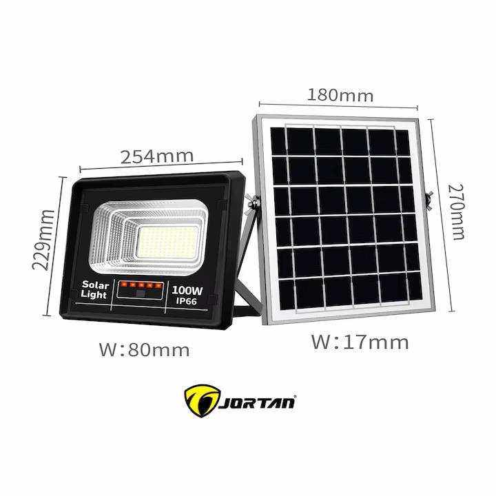 Proiector Solar LED JORTAN Exterior 100W, Panou Solar Extern, Telecomandă, Lumină Alb Rece, IP66 Rezistent la Apă și Praf, pentru Curte, Alee, Garaj și Parcare