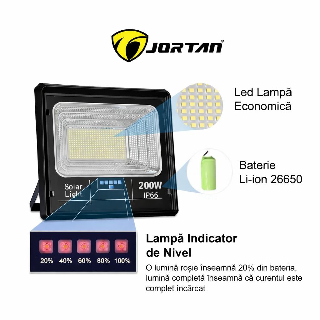 Proiector Solar LED JORTAN Exterior 200W, cu Panou Solar Extern, Telecomandă, Lumină Alb Rece, IP66 Rezistent la Apă și Praf, pentru Curte, Alee, Garaj și Parcare