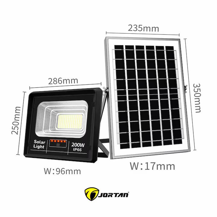 Proiector Solar LED JORTAN Exterior 200W, cu Panou Solar Extern, Telecomandă, Lumină Alb Rece, IP66 Rezistent la Apă și Praf, pentru Curte, Alee, Garaj și Parcare