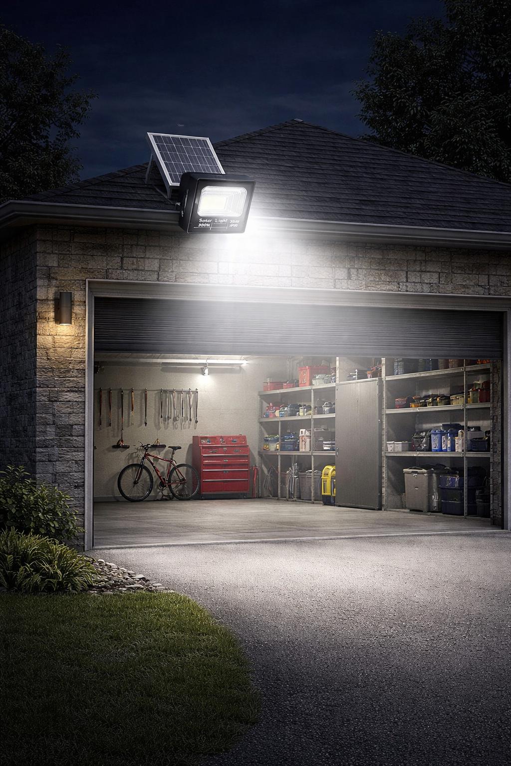 Proiector Solar LED JORTAN Exterior 200W, cu Panou Solar Extern, Telecomandă, Lumină Alb Rece, IP66 Rezistent la Apă și Praf, pentru Curte, Alee, Garaj și Parcare
