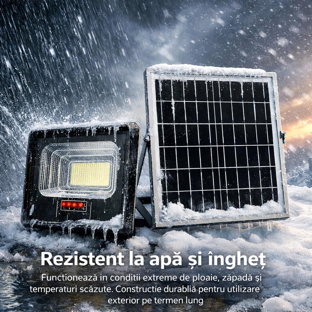 Proiector Solar LED JORTAN Exterior 300W, cu Panou Solar Extern, Telecomandă, Lumină Alb Rece, IP66 Rezistent la Apă și Praf, pentru Curte, Alee, Garaj și Parcare