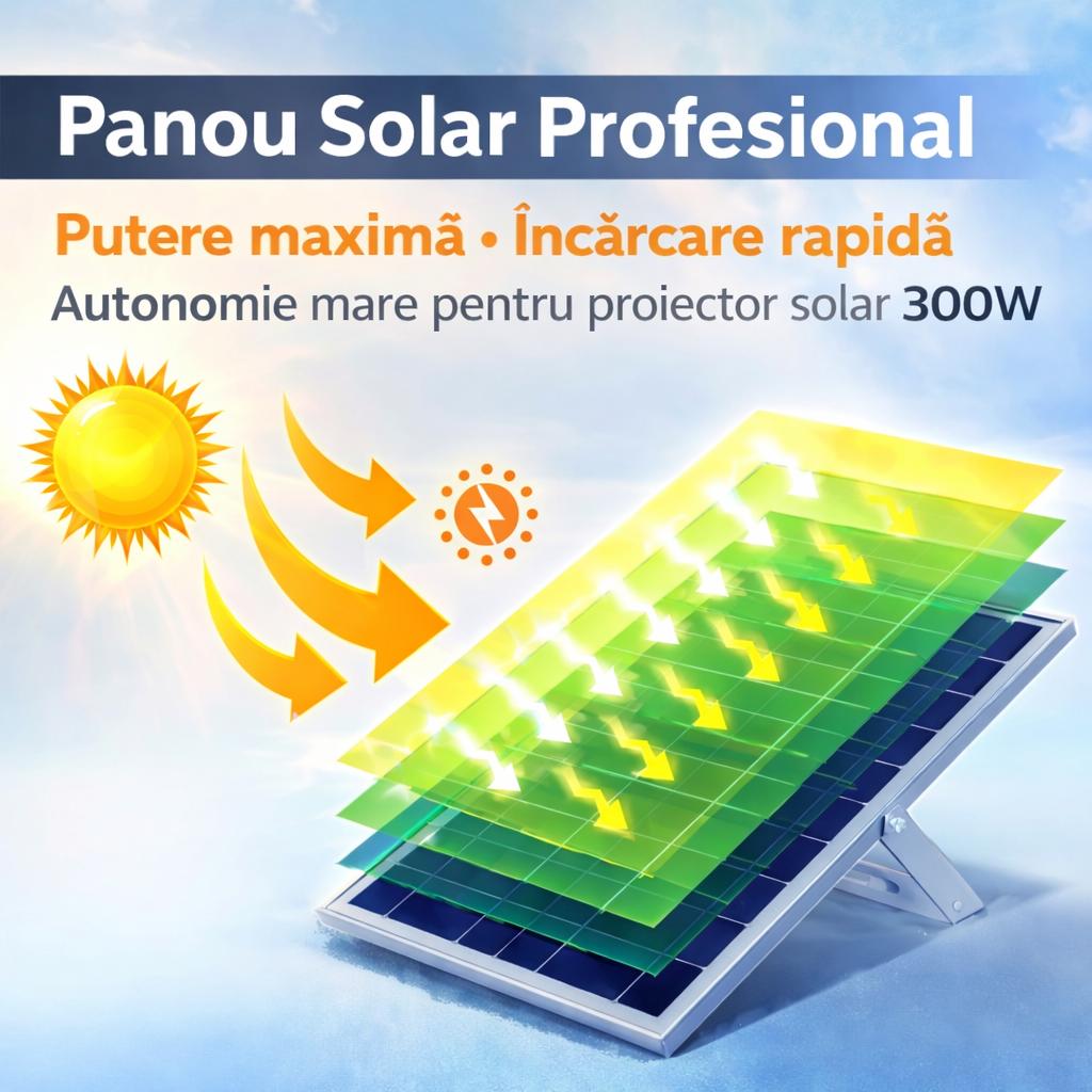 Proiector Solar LED JORTAN Exterior 300W, cu Panou Solar Extern, Telecomanda, Lumina Alb Rece, IP66 Rezistent la Apa și Praf, pentru Curte, Alee, Garaj și Parcare