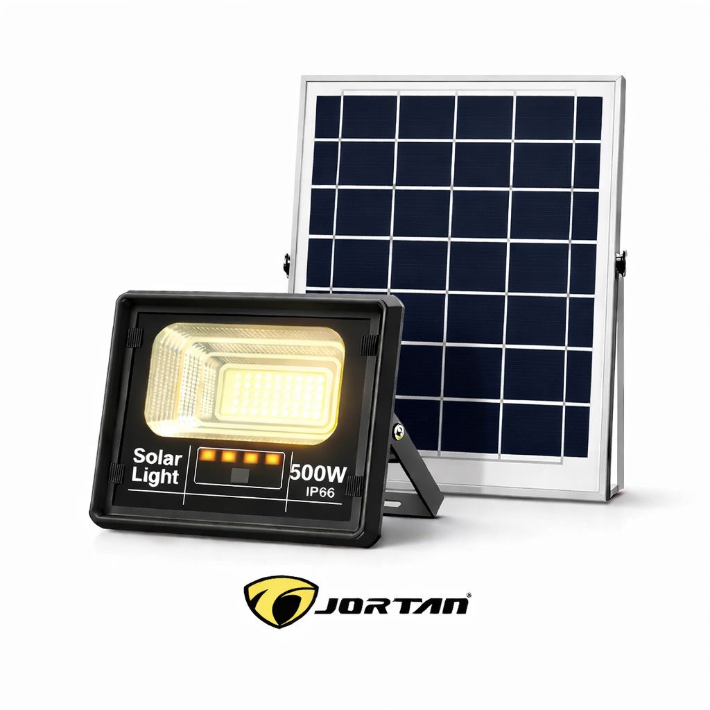 Proiector Solar LED JORTAN Exterior 500W, cu Panou Solar Extern, Telecomandă, Lumină Alb Rece, IP66 Rezistent la Apă și Praf, pentru Curte, Alee, Garaj și Parcare