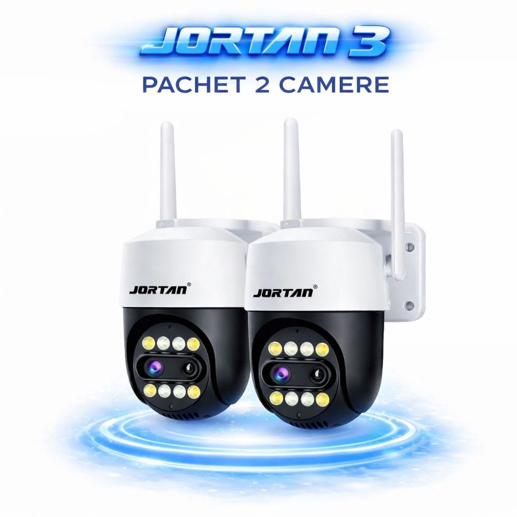 Pachet 2 Camere de Supraveghere WiFi Jortan 3XM, 6MP, Dual Lens, PTZ 360°, IP66, Zoom Optic 8X, Vedere Nocturna Color, Audio Bidirectional, Aplicatie ICSee, 2 Carduri MicroSD 32GB Incluse