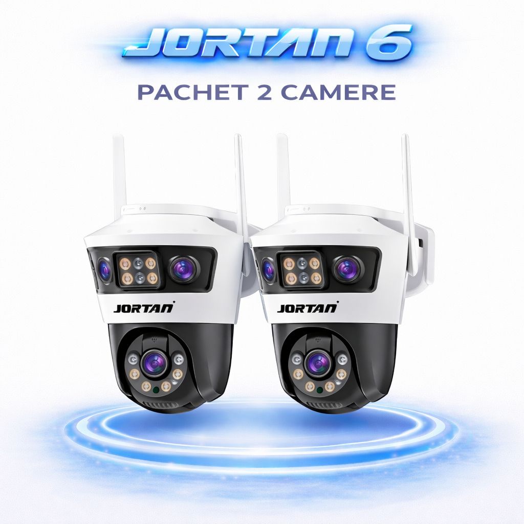 Pachet 2 Camere de Supraveghere WiFi Jortan 6, 9MP, PTZ 355°, IP66, Vedere Nocturna Color, Senzor PIR, Audio Bidirectional, Aplicatie Yoosee, 2 Carduri MicroSD 32GB Incluse