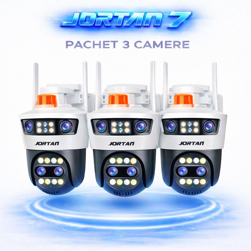 Pachet 3 Camere de Supraveghere WiFi Jortan 7, 12MP, Quad Lens, PTZ 360°, IP66, Vedere Nocturna Color, Audio Bidirectional, Alarma Integrata, Aplicatie Yoosee, 3 Carduri MicroSD 32GB Inclus
