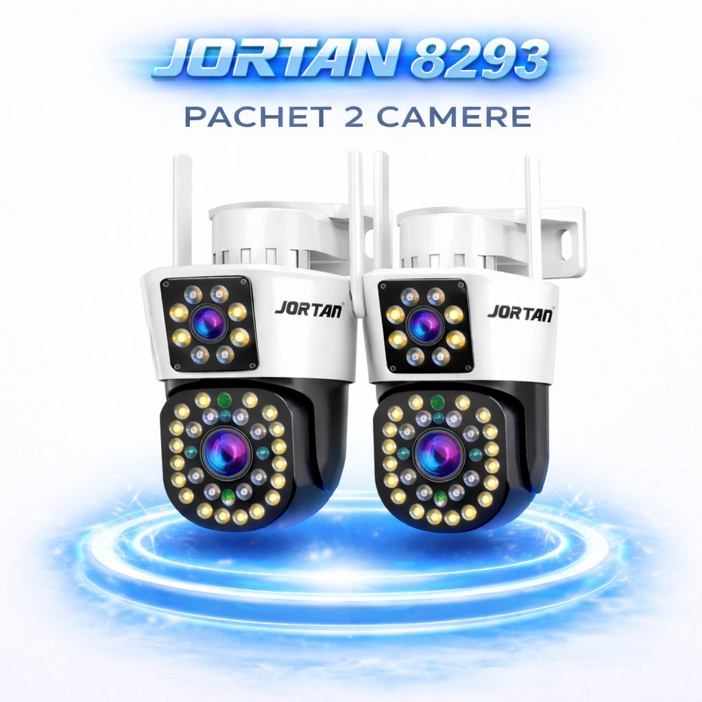 Pachet 2 Camere de Supraveghere WiFi Jortan 8293QJ, 6MP, Dual Lens, PTZ 360°, Exterior IP66, Vedere Nocturna Color, Audio Bidirectional, Aplicatie Yoosee, 2 Carduri MicroSD 32GB Inclus