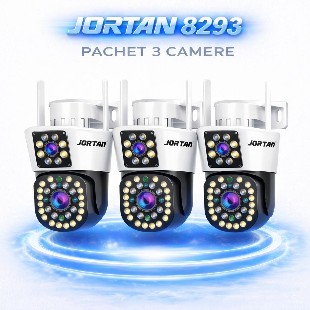 Pachet 3 Camere de Supraveghere WiFi Jortan 8293QJ, 6MP, Dual Lens, PTZ 360°, Exterior IP66, Vedere Nocturna Color, Audio Bidirectional, Aplicatie Yoosee, 3 Carduri MicroSD 32GB Inclus