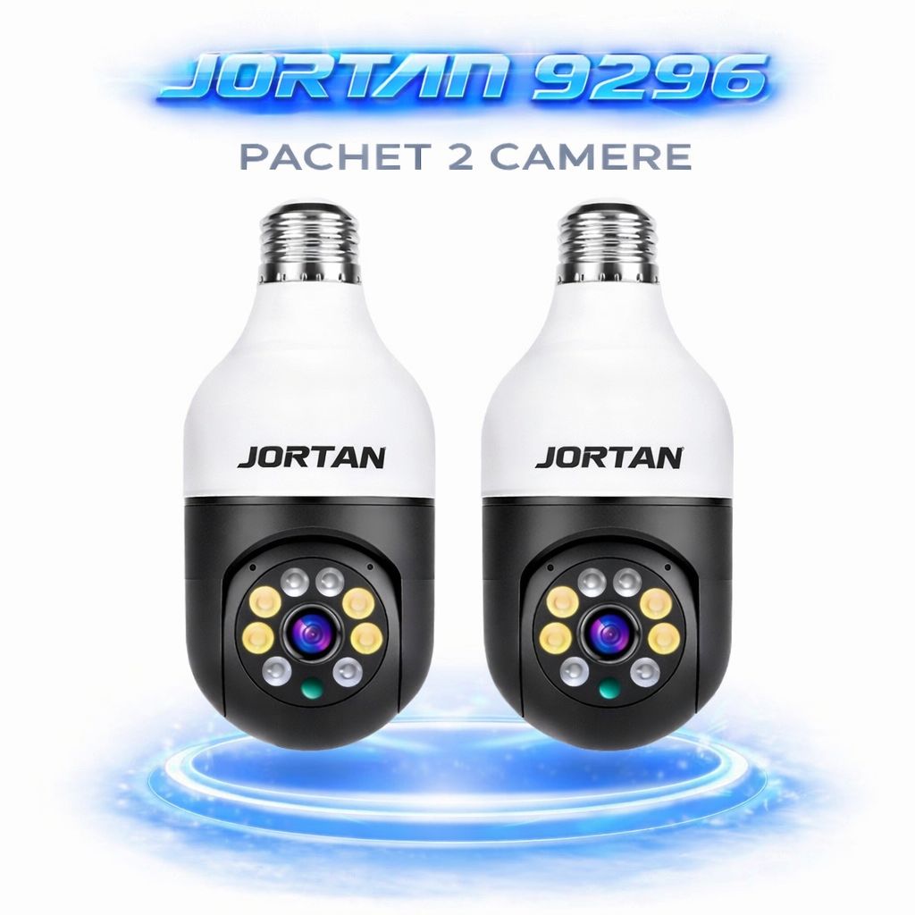 Pachet 2 Camere de Supraveghere WiFi Jortan 9296HJB, 2MP Full HD 1080P, PTZ 355°, Interior, Vedere Nocturnă Color, Audio Bidirecțional, Aplicație Yoosee, 2 Carduri MicroSD 32GB Incluse