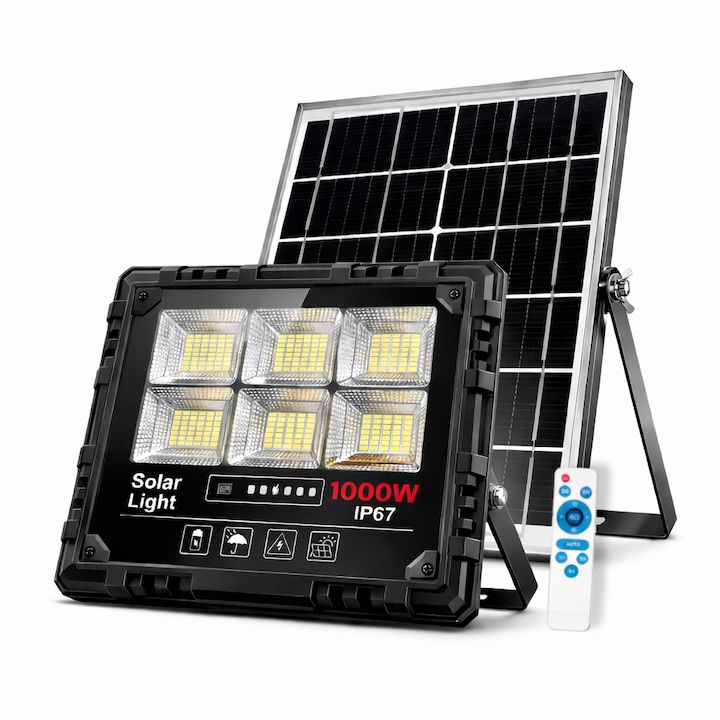 Proiector Solar LED JORTAN Exterior 1000W, cu Panou Solar Extern, Telecomandă Wireless, Lumină Alb Rece, Carcasă Aluminiu, IP67 Rezistent la Apă și Praf, Set Complet, Dimensiune 39x33x7.5cm, pentru Curte, Alee, Garaj și Parcare
