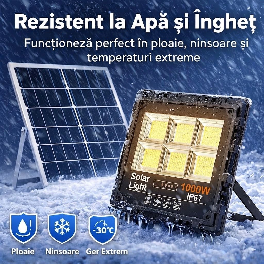 Proiector Solar LED JORTAN Exterior 1000W, cu Panou Solar Extern, Telecomanda Wireless, Lumina Alb Rece, Carcasa Aluminiu, IP67 Rezistent la Apa și Praf, Set Complet, Dimensiune 39x33x7.5cm, pentru Curte, Alee, Garaj si Parcare