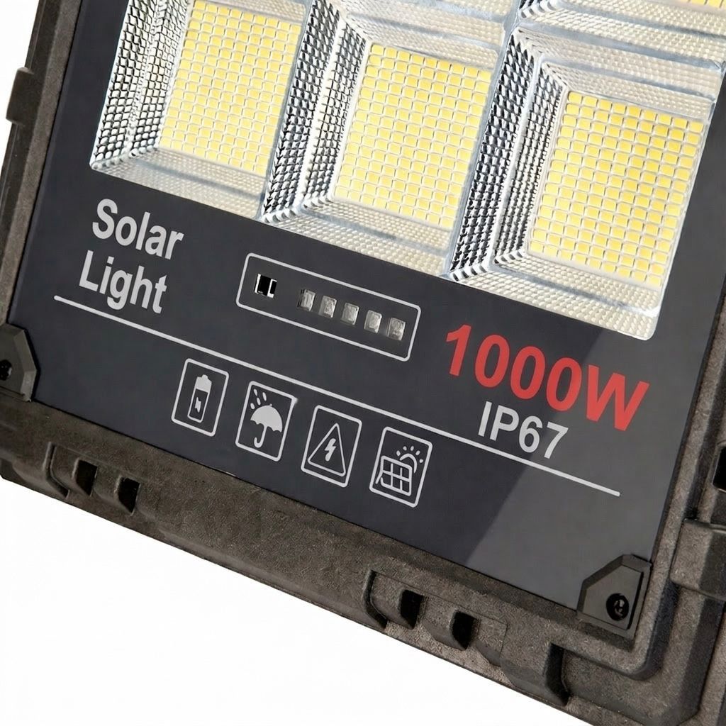 Proiector Solar LED JORTAN Exterior 1000W, cu Panou Solar Extern, Telecomanda Wireless, Lumina Alb Rece, Carcasa Aluminiu, IP67 Rezistent la Apa și Praf, Set Complet, Dimensiune 39x33x7.5cm, pentru Curte, Alee, Garaj si Parcare