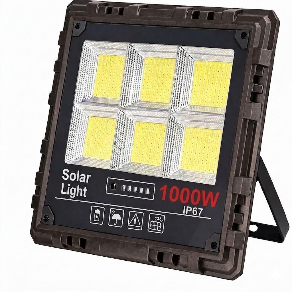 Proiector Solar LED JORTAN Exterior 1000W, cu Panou Solar Extern, Telecomanda Wireless, Lumina Alb Rece, Carcasa Aluminiu, IP67 Rezistent la Apa și Praf, Set Complet, Dimensiune 39x33x7.5cm, pentru Curte, Alee, Garaj si Parcare
