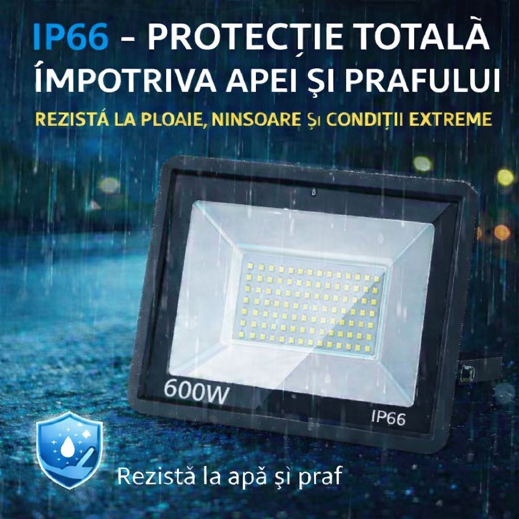Proiector LED JORTAN Exterior 600W, Alimentare 230V, 520 LED-uri, 40000 Lumeni, Lumina Calda Intensa, Carcasa Aluminiu + Sticla, IP66 Rezistent la Apa si Praf, pentru Curte, Alee, Garaj si Parcare