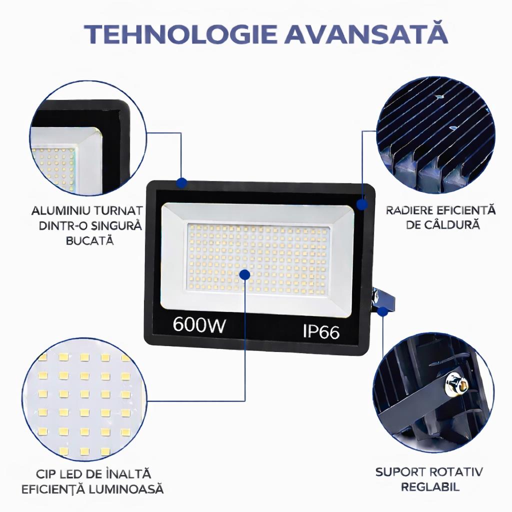 Proiector LED JORTAN Exterior 600W, Alimentare 230V, 520 LED-uri, 40000 Lumeni, Lumina Calda Intensa, Carcasa Aluminiu + Sticla, IP66 Rezistent la Apa si Praf, pentru Curte, Alee, Garaj si Parcare