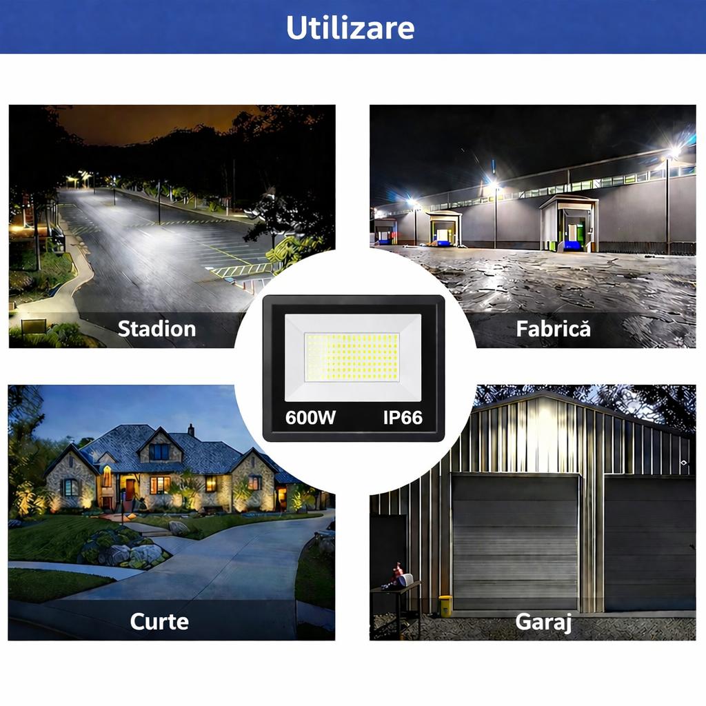 Proiector LED JORTAN Exterior 600W, Alimentare 230V, 520 LED-uri, 40000 Lumeni, Lumina Calda Intensa, Carcasa Aluminiu + Sticla, IP66 Rezistent la Apa si Praf, pentru Curte, Alee, Garaj si Parcare