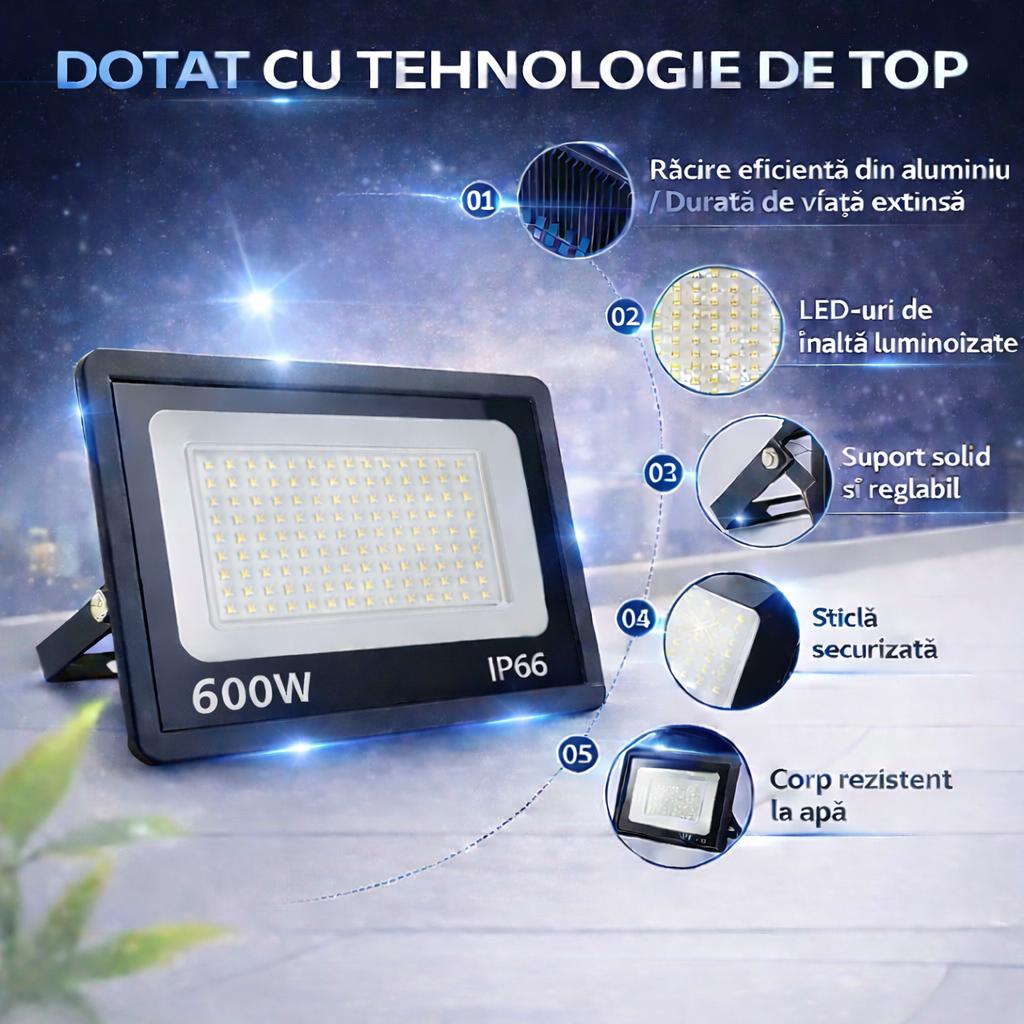Proiector LED JORTAN Exterior 600W, Alimentare 230V, 520 LED-uri, 40000 Lumeni, Lumina Calda Intensa, Carcasa Aluminiu + Sticla, IP66 Rezistent la Apa si Praf, pentru Curte, Alee, Garaj si Parcare