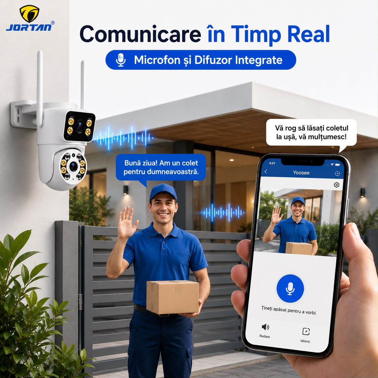 Camera de Supraveghere WiFi JORTAN JT-8660, 4MP, Dual Lens, PTZ 355°, IP66, Detectare Miscare, Vedere Nocturna Color, Audio Bidirectional, Alerta Integrata, Aplicatie Yoosee, Card MicroSD 32GB Inclus