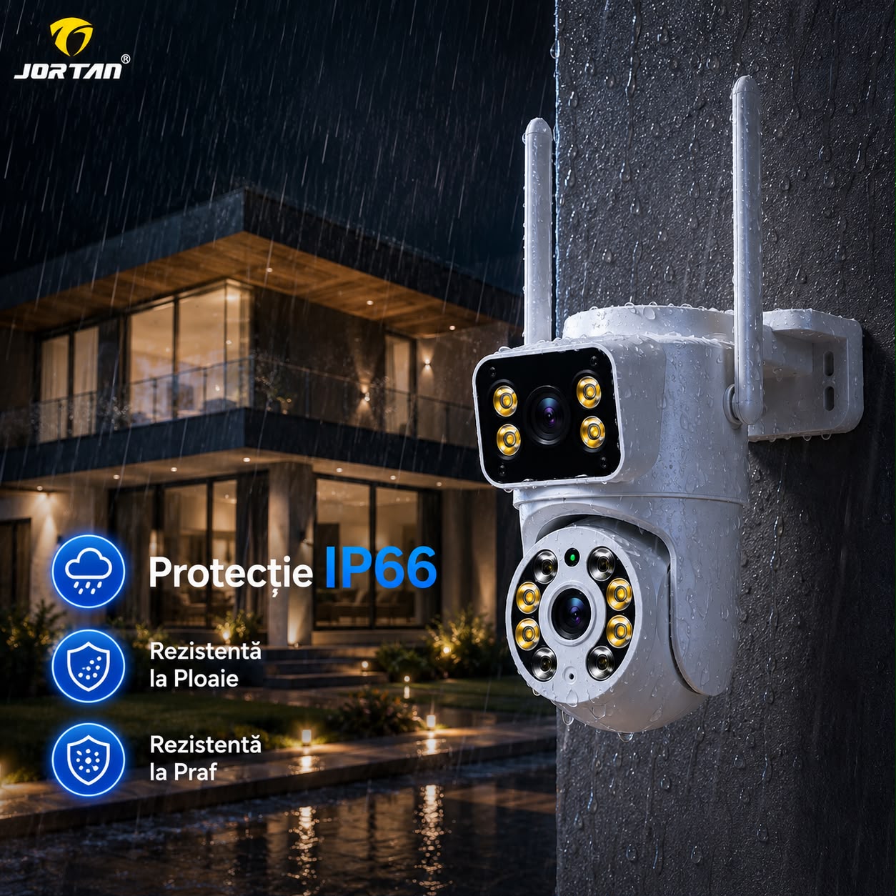 Camera de Supraveghere WiFi JORTAN JT-8660, 4MP, Dual Lens, PTZ 355°, IP66, Detectare Miscare, Vedere Nocturna Color, Audio Bidirectional, Alerta Integrata, Aplicatie Yoosee, Card MicroSD 32GB Inclus