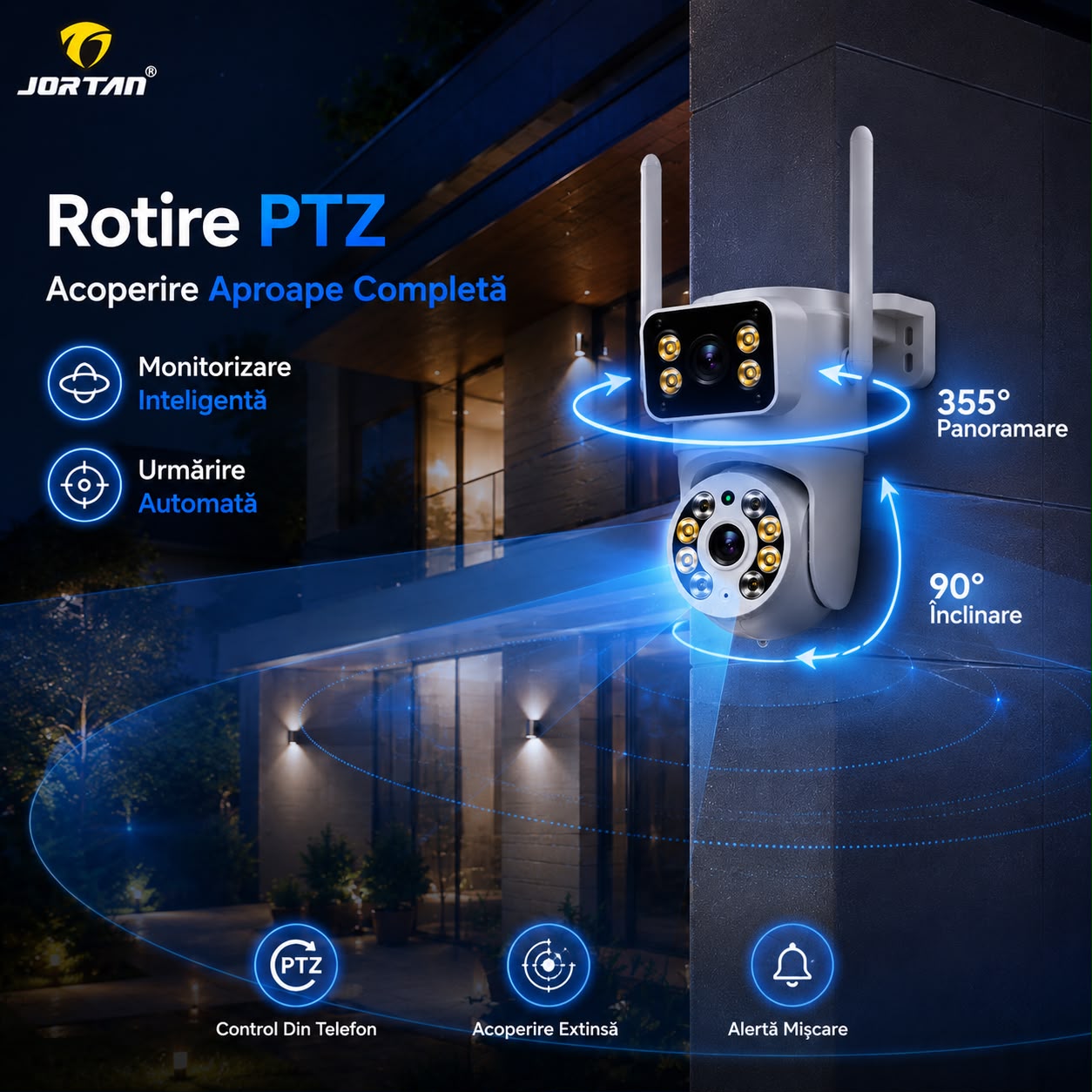 Camera de Supraveghere WiFi JORTAN JT-8660, 4MP, Dual Lens, PTZ 355°, IP66, Detectare Miscare, Vedere Nocturna Color, Audio Bidirectional, Alerta Integrata, Aplicatie Yoosee, Card MicroSD 32GB Inclus