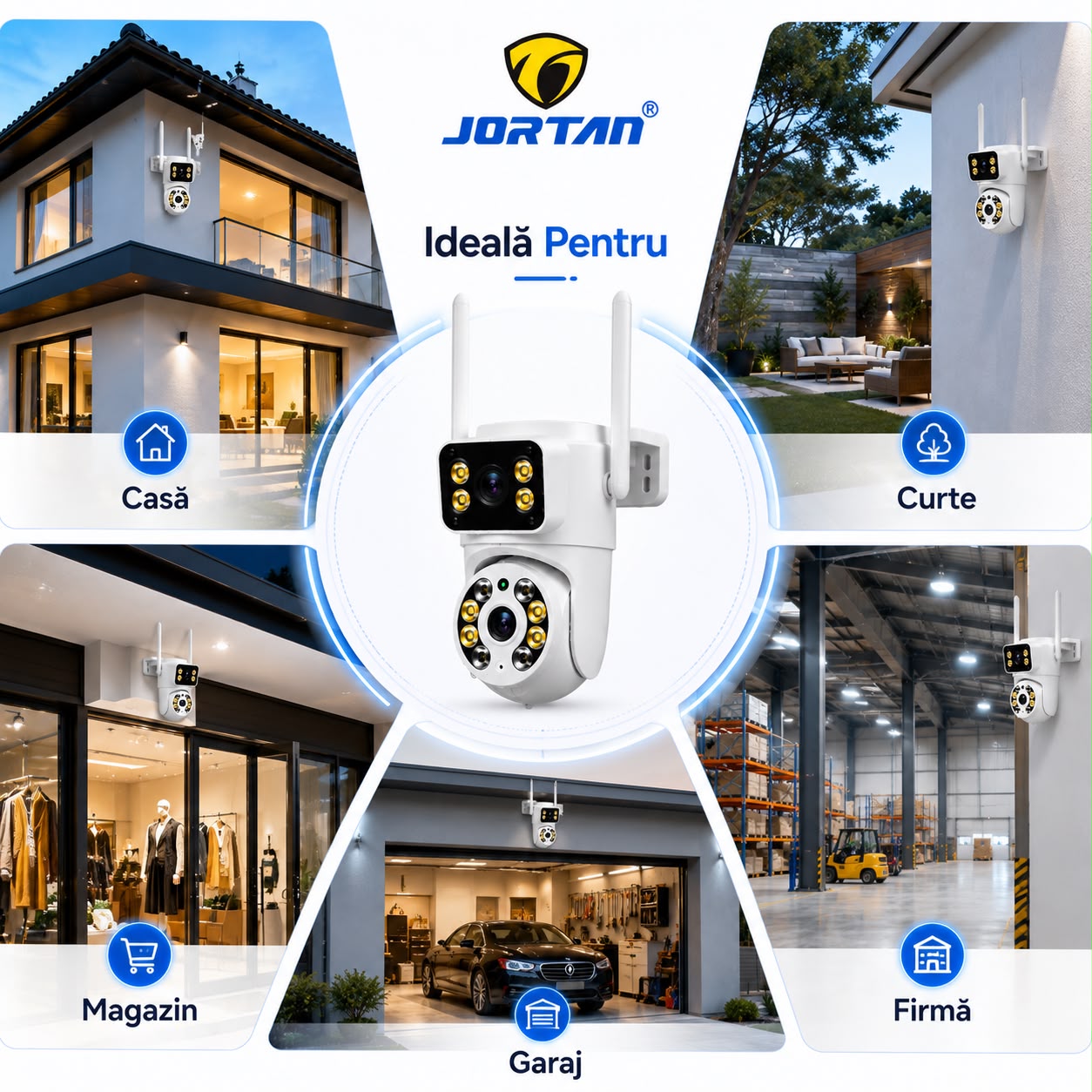 Camera de Supraveghere WiFi JORTAN JT-8660, 4MP, Dual Lens, PTZ 355°, IP66, Detectare Miscare, Vedere Nocturna Color, Audio Bidirectional, Alerta Integrata, Aplicatie Yoosee, Card MicroSD 32GB Inclus