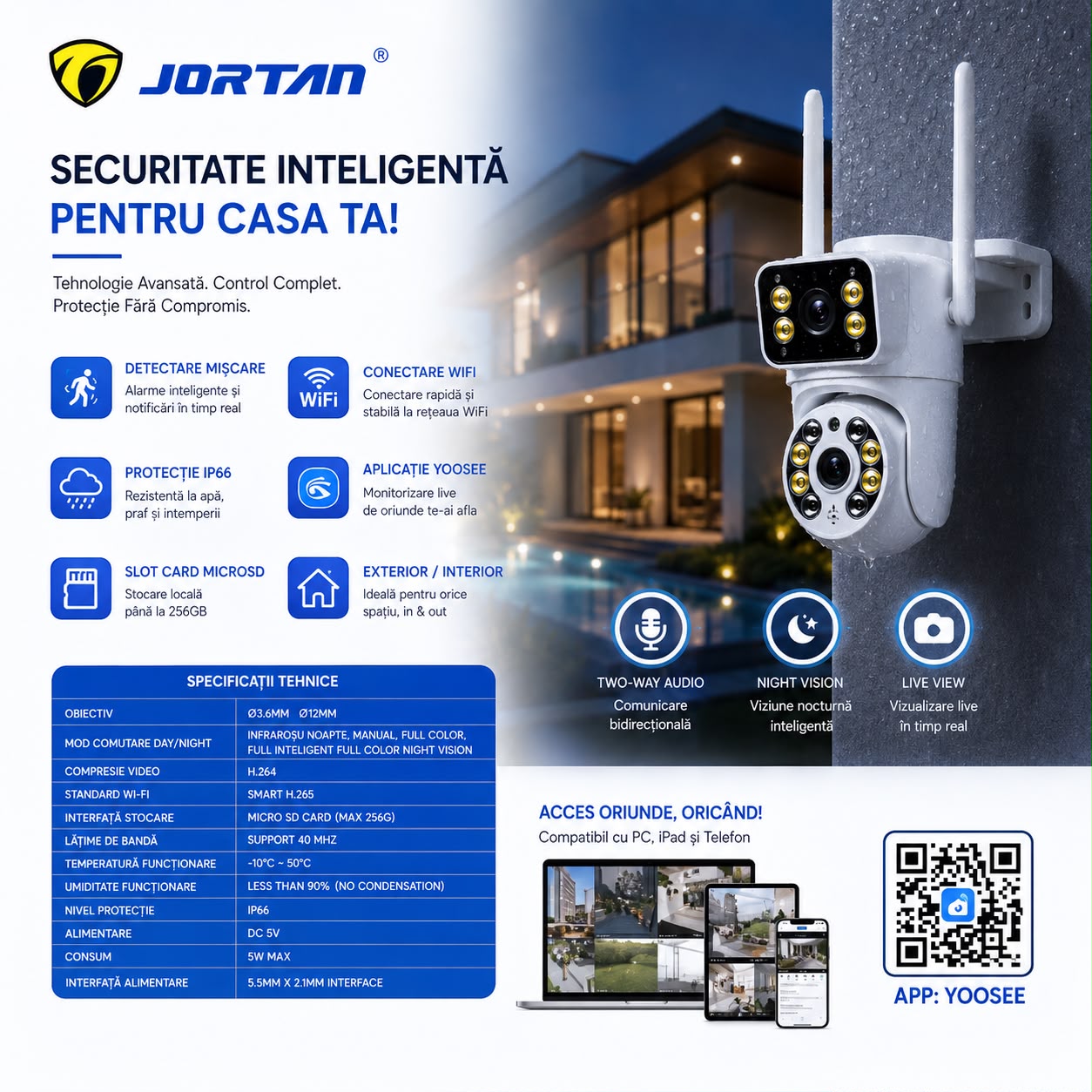 Camera de Supraveghere WiFi JORTAN JT-8660, 4MP, Dual Lens, PTZ 355°, IP66, Detectare Miscare, Vedere Nocturna Color, Audio Bidirectional, Alerta Integrata, Aplicatie Yoosee, Card MicroSD 32GB Inclus