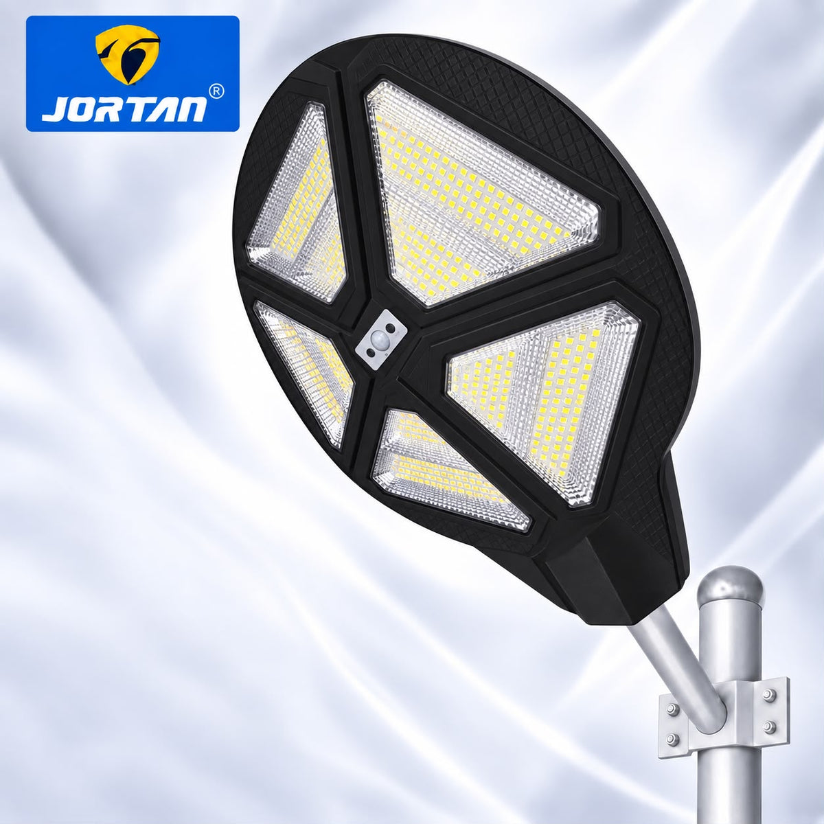 Lampa Solara Stradala Vulcan 500W JORTAN, LED SMD Iluminare Multidirectionala, Senzor PIR Miscare, Panou Solar Integrat, Telecomanda Wireless, Protectie IP66, Suport Montaj Inclus, Curte, Gradina, Alee, Parcare