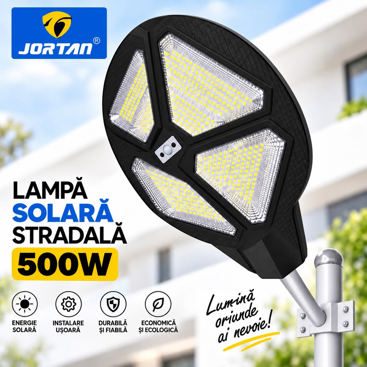 Lampa Solara Stradala Vulcan 500W JORTAN, LED SMD Iluminare Multidirectionala, Senzor PIR Miscare, Panou Solar Integrat, Telecomanda Wireless, Protectie IP66, Suport Montaj Inclus, Curte, Gradina, Alee, Parcare