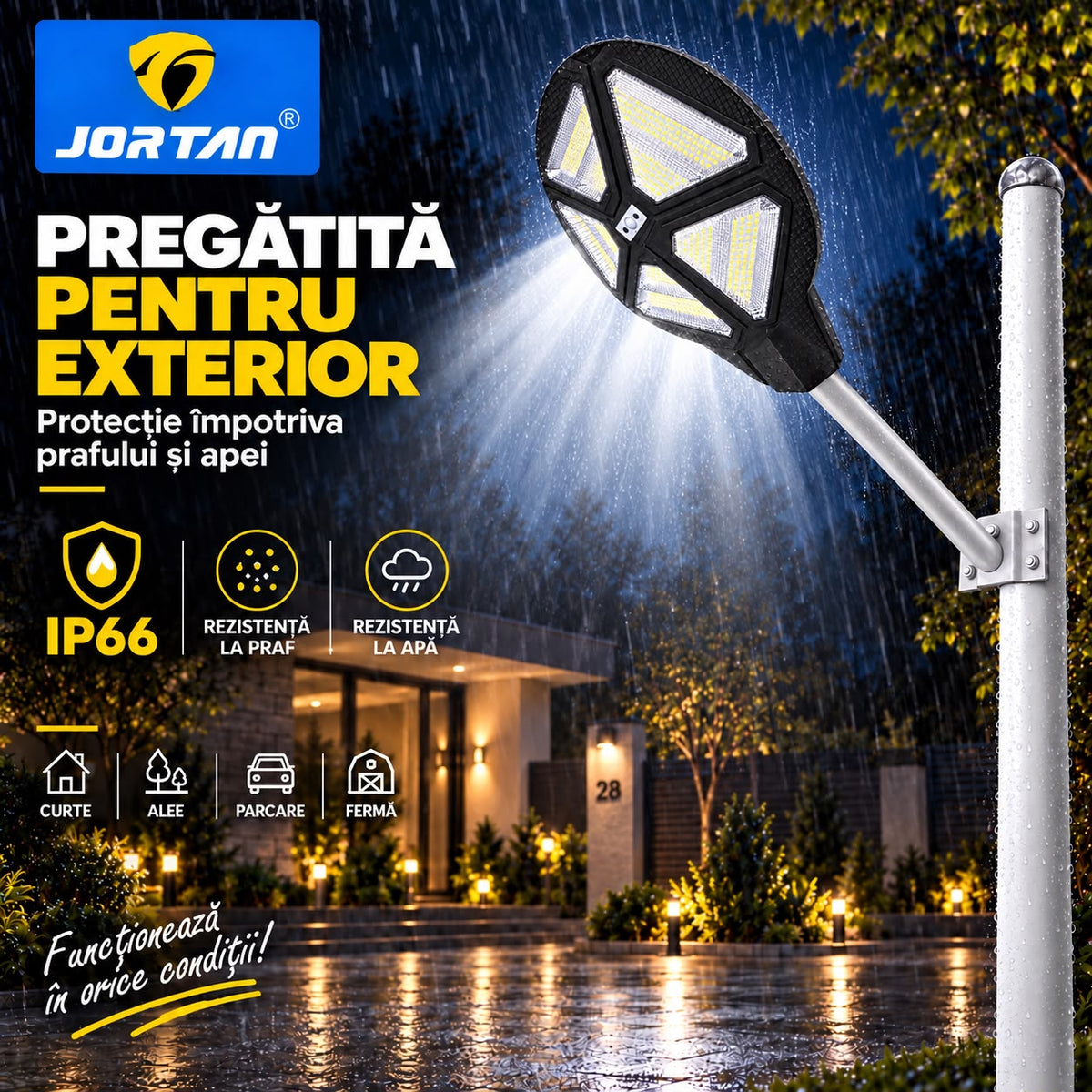 Lampa Solara Stradala Vulcan 500W JORTAN, LED SMD Iluminare Multidirectionala, Senzor PIR Miscare, Panou Solar Integrat, Telecomanda Wireless, Protectie IP66, Suport Montaj Inclus, Curte, Gradina, Alee, Parcare