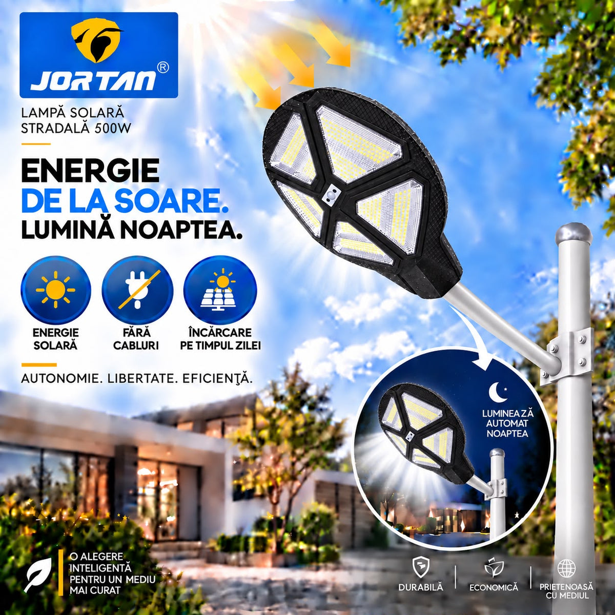 Lampa Solara Stradala Vulcan 500W JORTAN, LED SMD Iluminare Multidirectionala, Senzor PIR Miscare, Panou Solar Integrat, Telecomanda Wireless, Protectie IP66, Suport Montaj Inclus, Curte, Gradina, Alee, Parcare