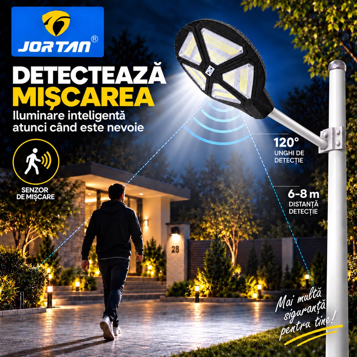 Lampa Solara Stradala Vulcan 500W JORTAN, LED SMD Iluminare Multidirectionala, Senzor PIR Miscare, Panou Solar Integrat, Telecomanda Wireless, Protectie IP66, Suport Montaj Inclus, Curte, Gradina, Alee, Parcare
