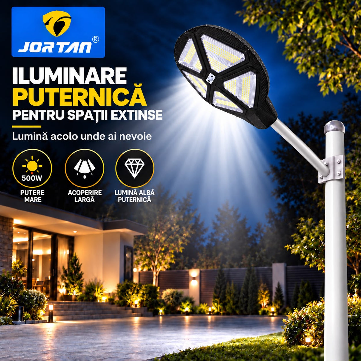 Lampa Solara Stradala Vulcan 500W JORTAN, LED SMD Iluminare Multidirectionala, Senzor PIR Miscare, Panou Solar Integrat, Telecomanda Wireless, Protectie IP66, Suport Montaj Inclus, Curte, Gradina, Alee, Parcare