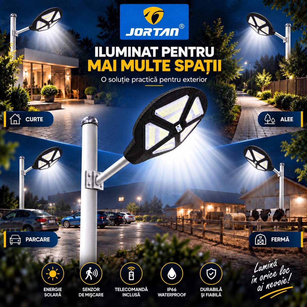 Lampa Solara Stradala Vulcan 500W JORTAN, LED SMD Iluminare Multidirectionala, Senzor PIR Miscare, Panou Solar Integrat, Telecomanda Wireless, Protectie IP66, Suport Montaj Inclus, Curte, Gradina, Alee, Parcare