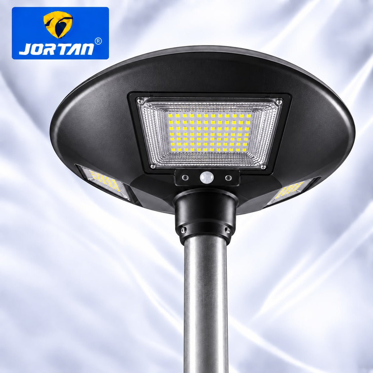 Lampa Solara Stradala Garden 150W JORTAN, LED SMD Iluminare Multidirectionala, Senzor PIR Miscare, Panou Solar Integrat, Telecomanda Wireless, Protectie IP66, Montaj pe Stalp, Curte, Gradina, Alee, Parcare