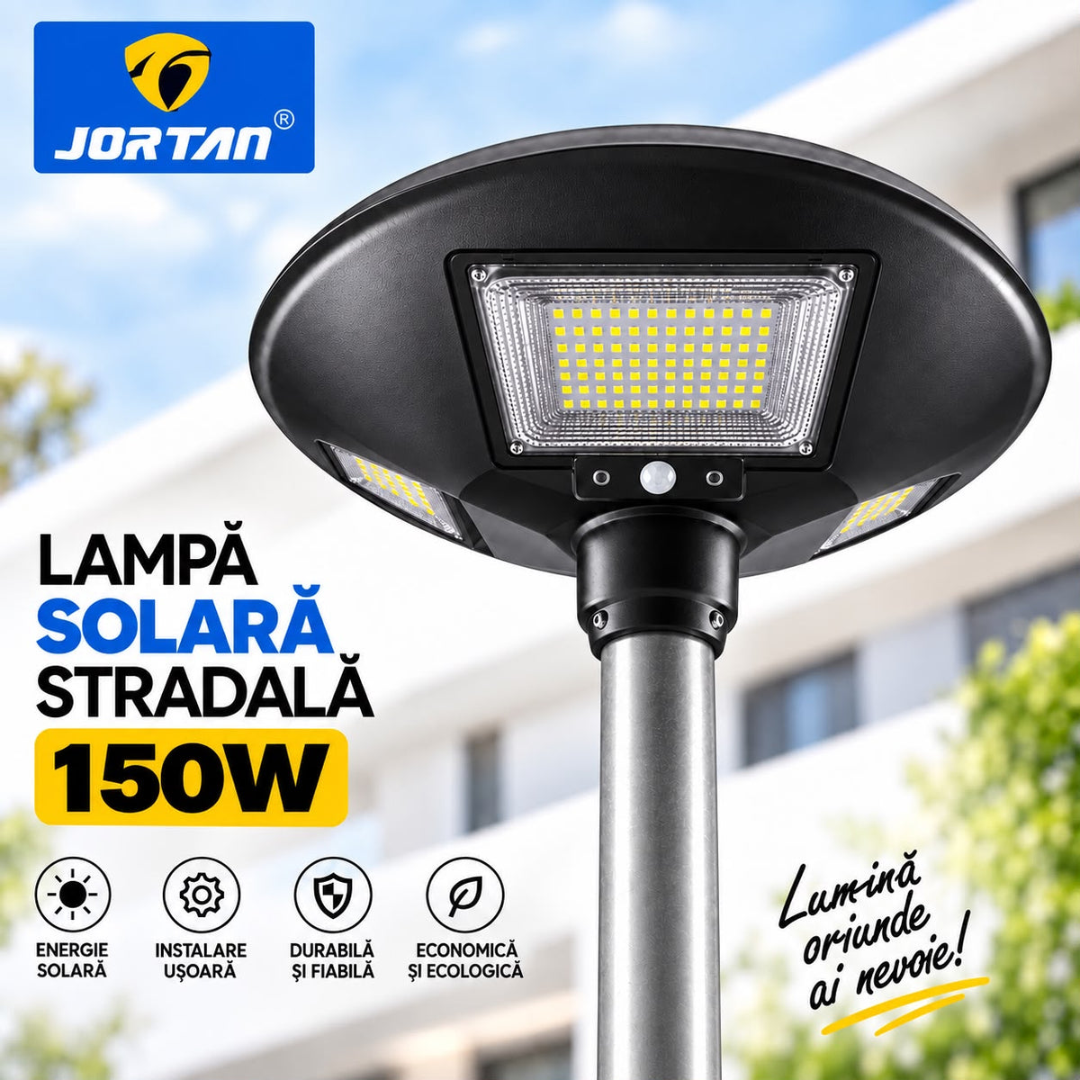 Lampa Solara Stradala Garden 150W JORTAN, LED SMD Iluminare Multidirectionala, Senzor PIR Miscare, Panou Solar Integrat, Telecomanda Wireless, Protectie IP66, Montaj pe Stalp, Curte, Gradina, Alee, Parcare