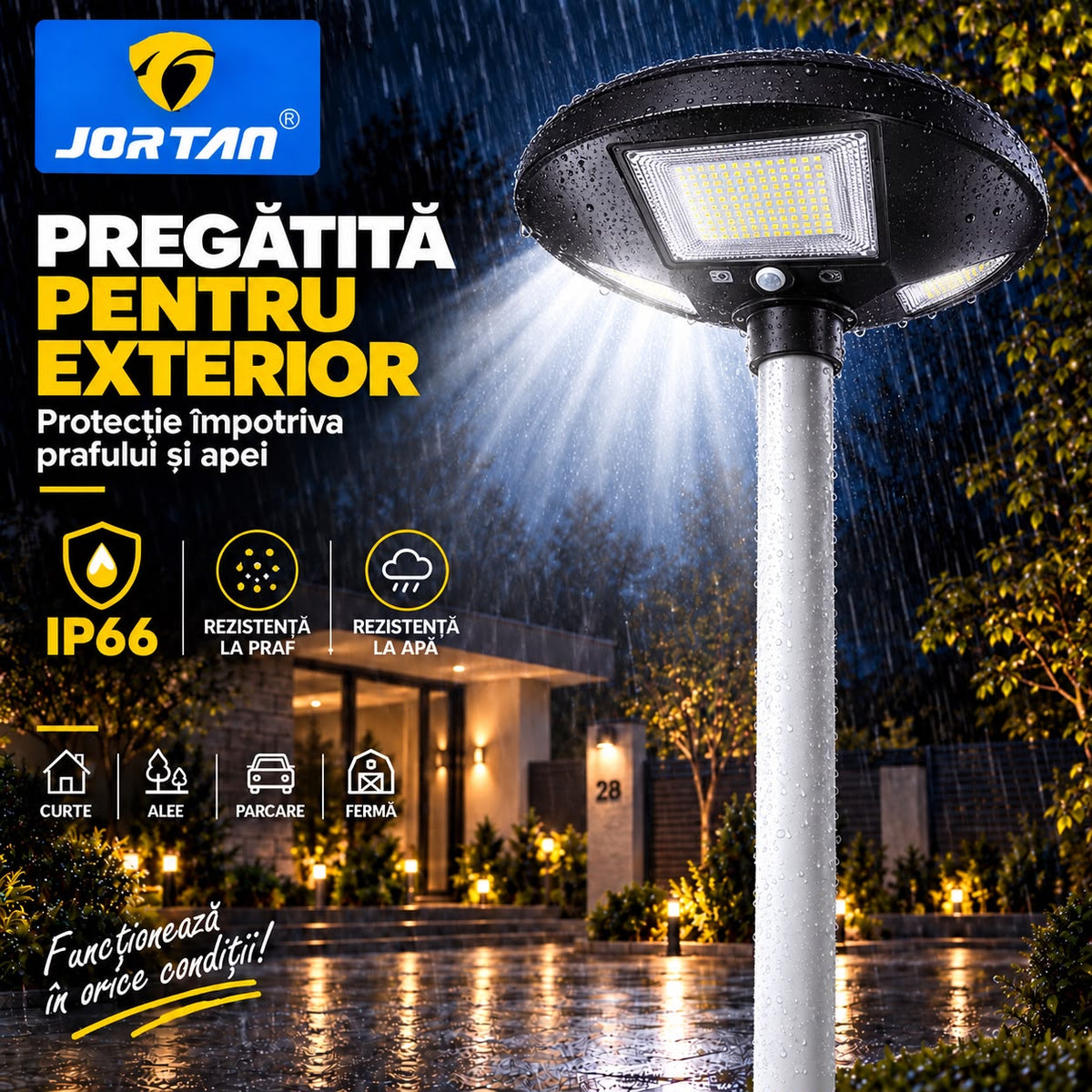 Lampa Solara Stradala Garden 150W JORTAN, LED SMD Iluminare Multidirectionala, Senzor PIR Miscare, Panou Solar Integrat, Telecomanda Wireless, Protectie IP66, Montaj pe Stalp, Curte, Gradina, Alee, Parcare